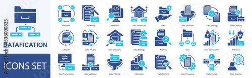 Datafication icon set vector Solid Color Style repositor, data mining, metadata, data warehouse, data, data extraction, data sharing, data cleaning, lifecycle, data privacy, data discovery