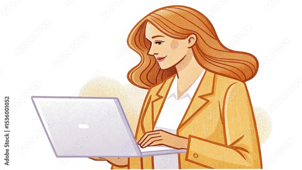 A woman with long hair works on a laptop, dressed in a yellow blazer, looking focused and engaged. A woman with long hair works on a laptop, dressed in a yellow blazer, looking focused and engaged.