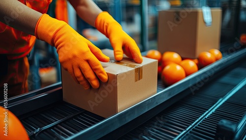 Worker in orange gloves places a cardboard box on a conveyor belt with oranges