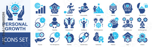Personal Growth icon set vector Solid Color Style focus, self actualization, perseverance, accountability, ambition, learning, empathy, open minded, discipline, feasibility, empowerment