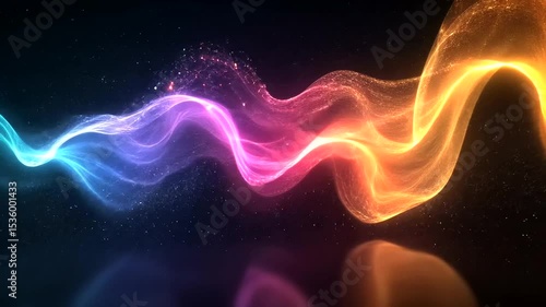 Vibrant energy wave animation with colorful particles and reflective surface background
