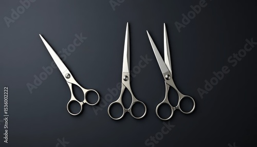 three professional stainless steel hair cutting shears on a dark gray textured surface