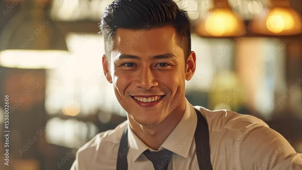 Enthusiastic waiter smiling in cafe Enthusiastic waiter smiling in cafe