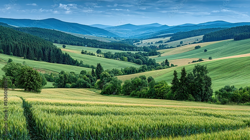 Fototapeta premium Rolling hills and fields under a partly cloudy sky.