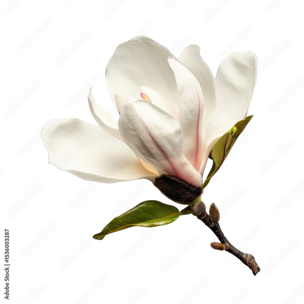 Fototapeta premium Beautiful magnolia flower with delicate white petals and subtle pink accents, showcasing its elegant structure and vibrant green leaves. This captures essence of nature beauty and tranquility