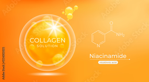 Realistic shiny Illustration of vitamin B3 structure with chemical formula on yellow golden background