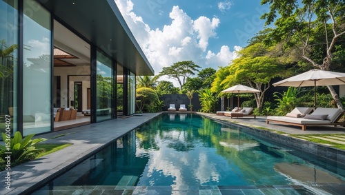 Wallpaper Mural Stunning modern villa with a swimming pool, lounge chairs, and beautiful scenery. Torontodigital.ca