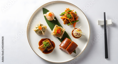 Fototapeta Naklejka Na Ścianę i Meble -  Elegant Cantonese Cuisine Platter: Dim Sum, Peking Duck, and Stir-fried Vegetables