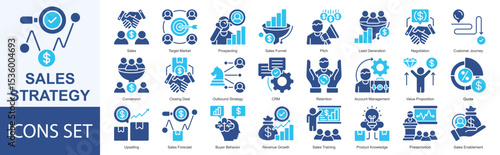 Sales Strategy icon set vector illustration Solid COlor Style Sales, Target Market, Prospecting, Sales Funnel, Pitch, Lead Generation, Negotiation, Customer Journey, Conversion, Closing Deal
