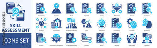 Skill Assessment icon set vector Solid Color Style assessment, success, audit, appraisal, scoring, refinement, result, evaluation, expertise, assessment, performance review, risk