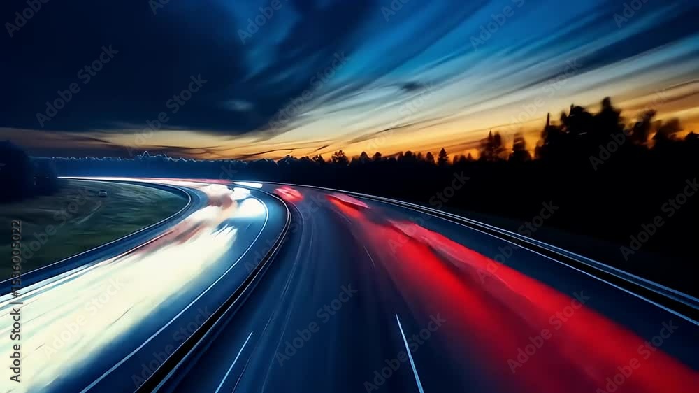 Aerial View of Highway During Sunset with Motion Blurred Vehicle Lights Against Blue And Orange Sky Aerial View of Highway During Sunset with Motion Blurred Vehicle Lights Against Blue And Orange Sky