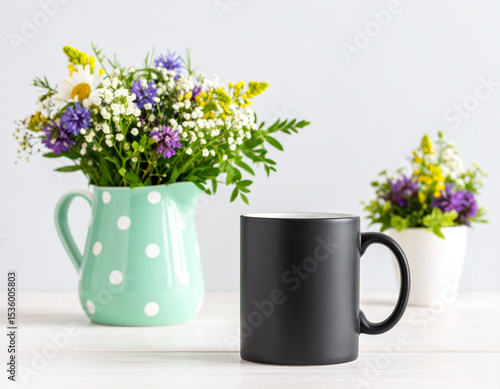 Wallpaper Mural Rustic Black Coffee Mug Mockup with Purple, Yellow and White Wildflowers in Natural Setting Torontodigital.ca