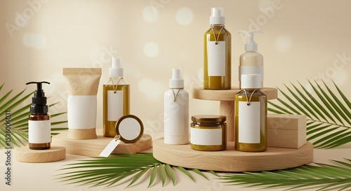 Cosmetic Products Displayed on Wooden Platforms with Palm Leaf