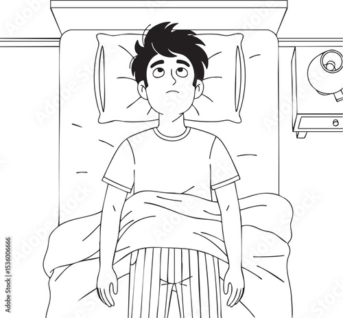 A black and white overhead illustration of a person lying in bed, looking upwards with a pensive or troubled expression, suggesting sleeplessness
