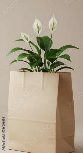 Beige Paper Bag Mockup with Small Plant in Pot