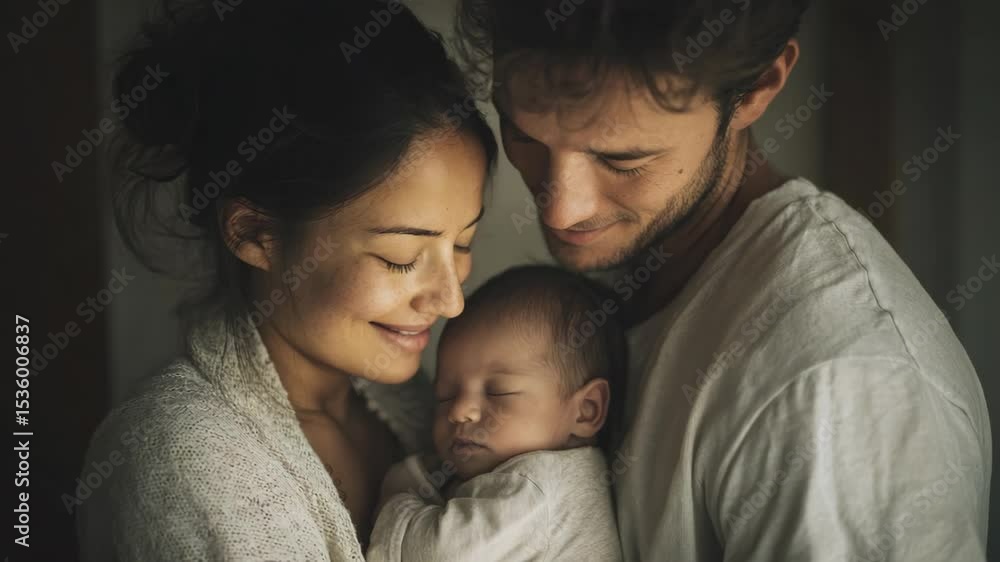 Loving family portrait of parent and newborn child in a tender indoor moment Loving family portrait of parent and newborn child in a tender indoor moment