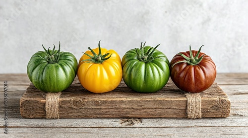 Colorful heirloom tomatoes on rustic wooden board.