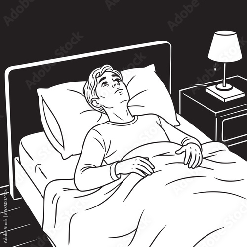 A black and white illustration of a person lying in bed in a dark room, looking up with a worried or thoughtful expression, unable to sleep