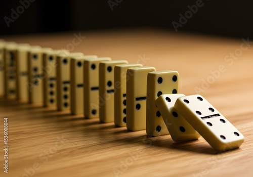 Domino effect: a row of falling dominoes on a wooden surface. Concept of chain reaction, consequence, crisis, or cause and effect