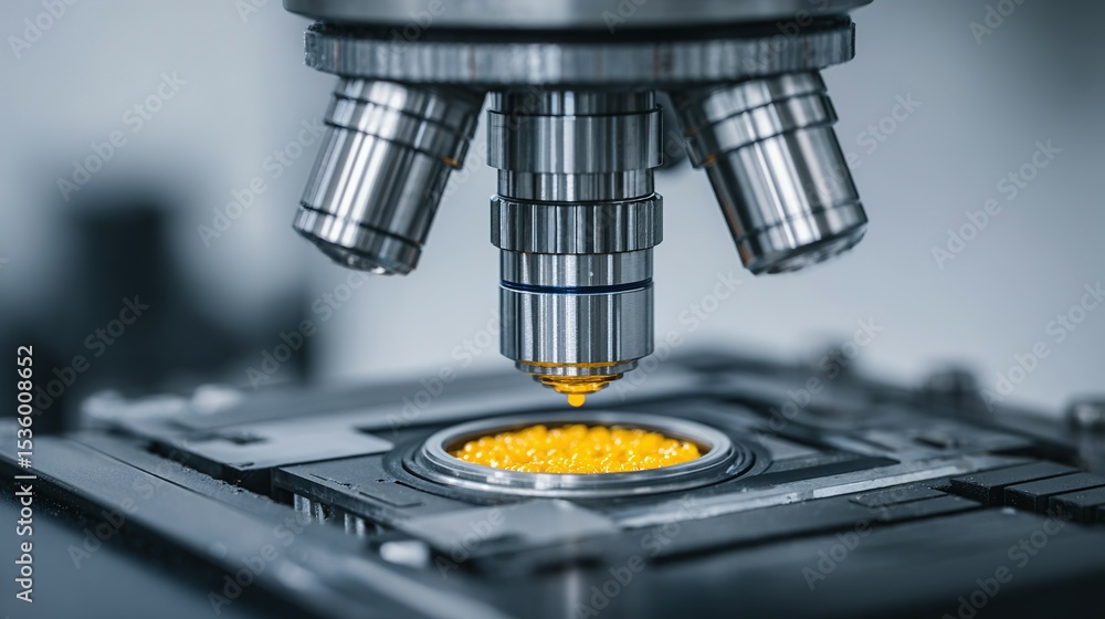 Close-up view of a microscope focusing on a sample of yellow granules. Close-up view of a microscope focusing on a sample of yellow granules.