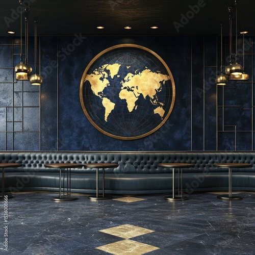 Dark, luxurious lounge with world map