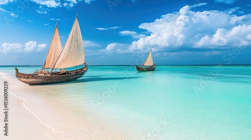 Idyllic Zanzibar: Traditional Dhow Boats on Turquoise Waters under a Clear Sky