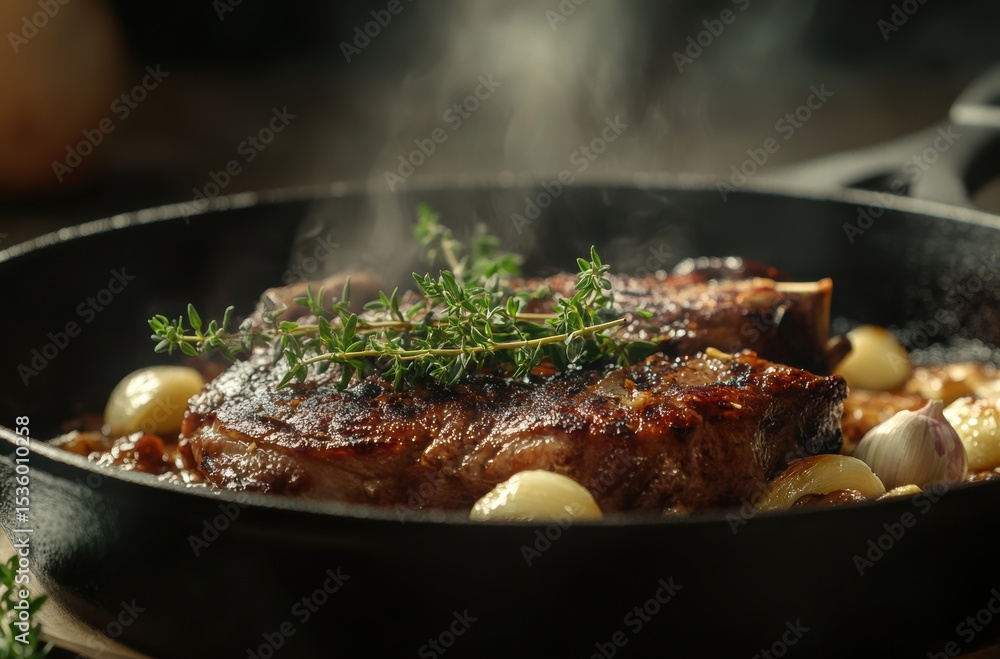 Fototapeta premium Sizzling lamb shank steak in a cast-iron skillet, garnished with fresh thyme and