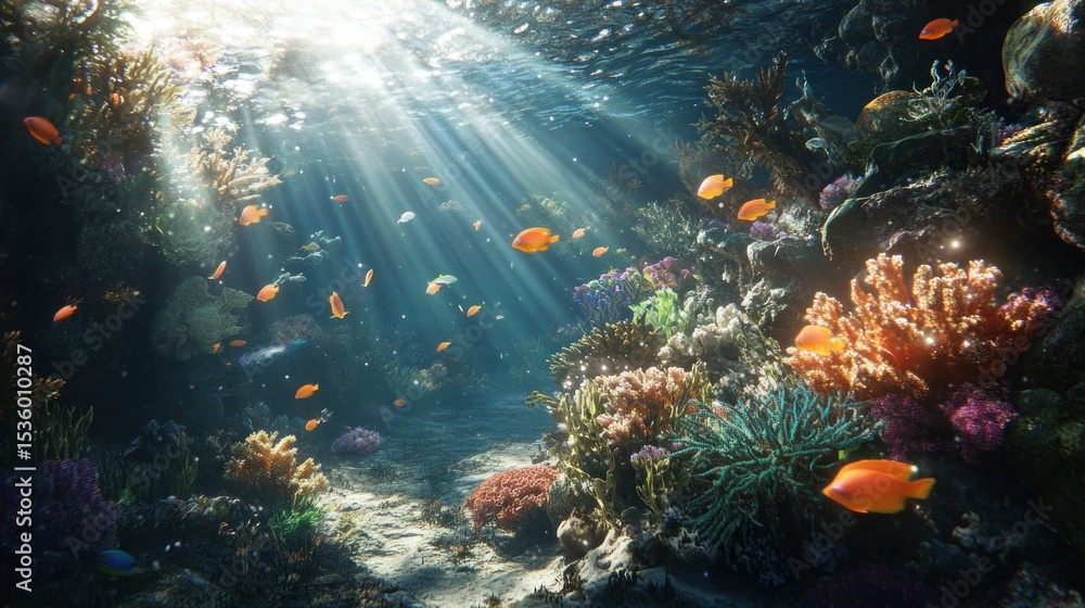 Naklejka premium Sunlight filters through tropical underwater scene with vivid coral reefs and fish