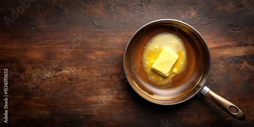 Melted butter in a hot pan top view, with golden brown and shiny liquid on the surface, surrounded by dark brown edges, melted, pan