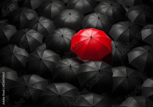 Red umbrella standing out in a crowd of black umbrellas. Concept of uniqueness, leadership, individuality, or differentiation