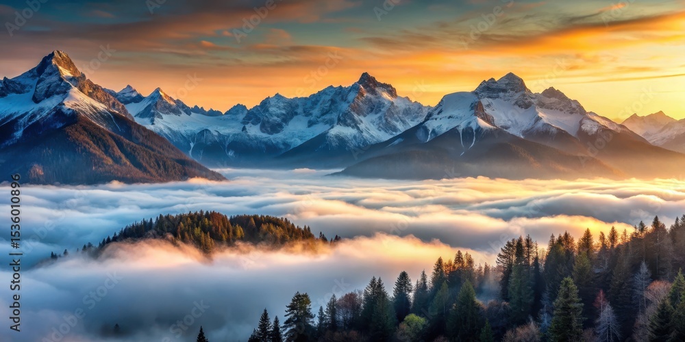 Obraz premium Misty mountains at sunrise with snow-capped peaks and a valley below, altitude, sun