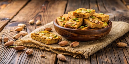 Crunchy pista badam gajak patti on a wooden table, crunchy, snack,  crunchy, snack