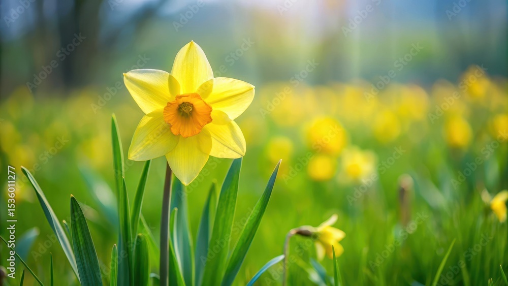 Obraz premium Solo daffodil blooms in a green meadow, its trumpet-shaped petals facing forward, wildflowers