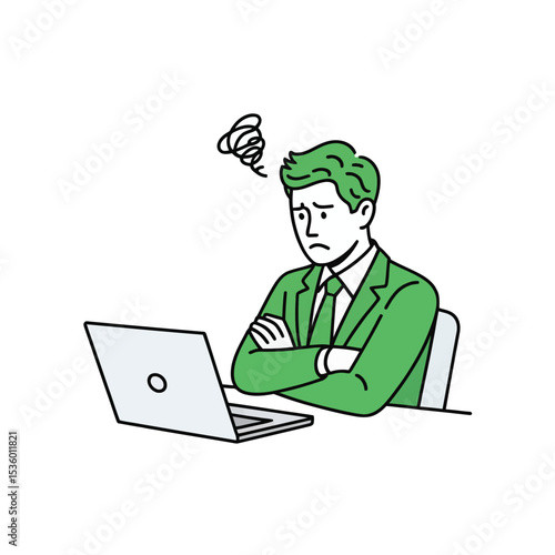 Frustrated businessman green suit laptop computer problem