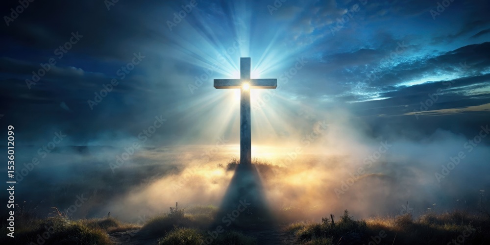 Naklejka premium Illuminated Cross amidst Foggy Landscape