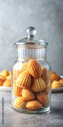 Mini madeleines stacked in a glass jar