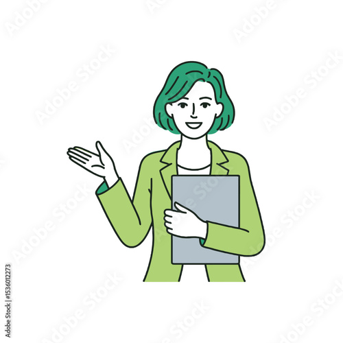 Smiling woman green jacket holding gray folder gesturing