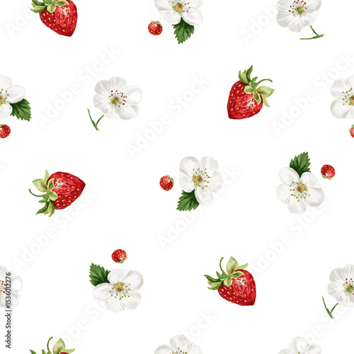 vector seamless pattern with vintage strawberry branch with berries, leaves and flowers. Isolated on white
