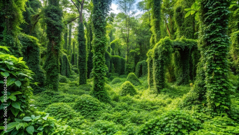 Obraz premium Half of a dense forest covered in half-grown plants and vines