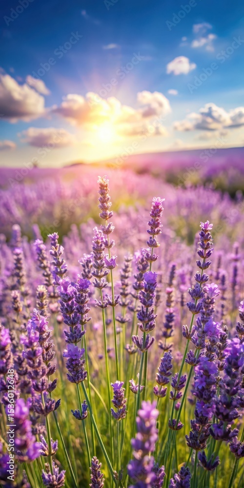 Naklejka premium Dense lavender fields with individual flowers swaying gently in the breeze on a sunny day