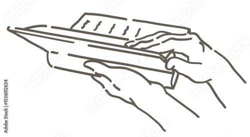 本を読んでいるシーンのイラスト。手と本。シンプルタッチ、ベクターイラスト素材。