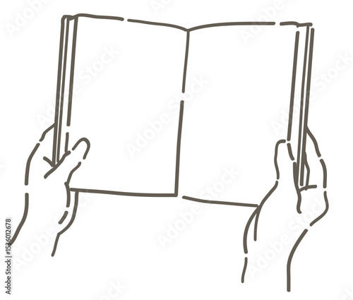 本を読んでいるシーンのイラスト。手と本。シンプルタッチ、ベクターイラスト素材。