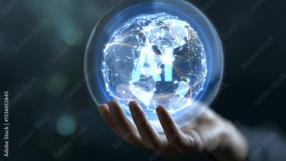 Person Holds Glowing Sphere with the AI Acronym in their Hand Person Holds Glowing Sphere with the AI Acronym in their Hand
