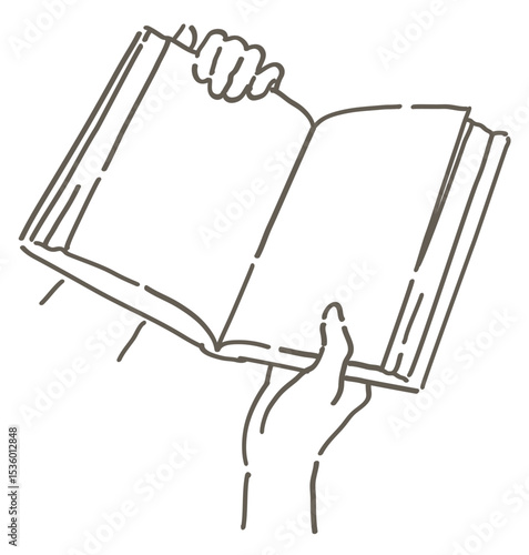 本を読んでいるシーンのイラスト。手と本。シンプルタッチ、ベクターイラスト素材。
