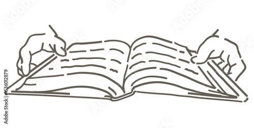 本を読んでいるシーンのイラスト。手と本。シンプルタッチ、ベクターイラスト素材。