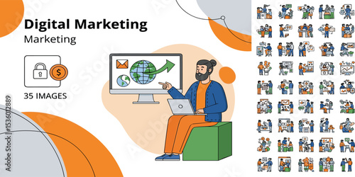 Social Media Marketing illustrations. Mega set. Collection of scenes with men and women taking part in business activities. Trendy vector style