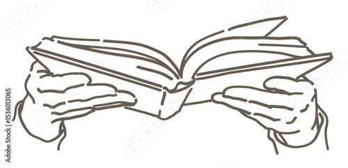 本を読んでいるシーンのイラスト。手と本。シンプルタッチ、ベクターイラスト素材。