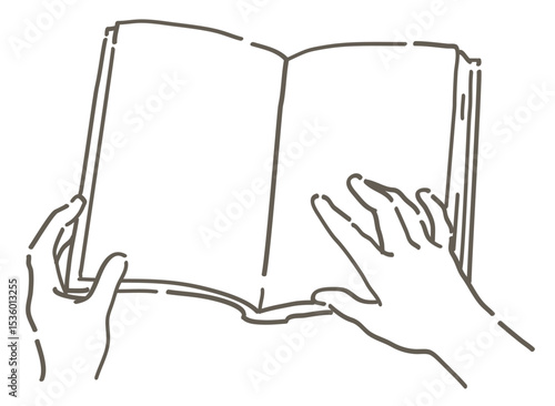 本を読んでいるシーンのイラスト。手と本。シンプルタッチ、ベクターイラスト素材。