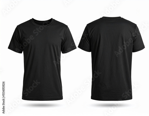 Black Blank T Shirt Template Front and Back View on White Background for Apparel Mockup Display