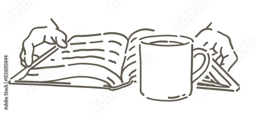 本を持つ手と、コーヒーのイラスト。ベクターイラスト素材。